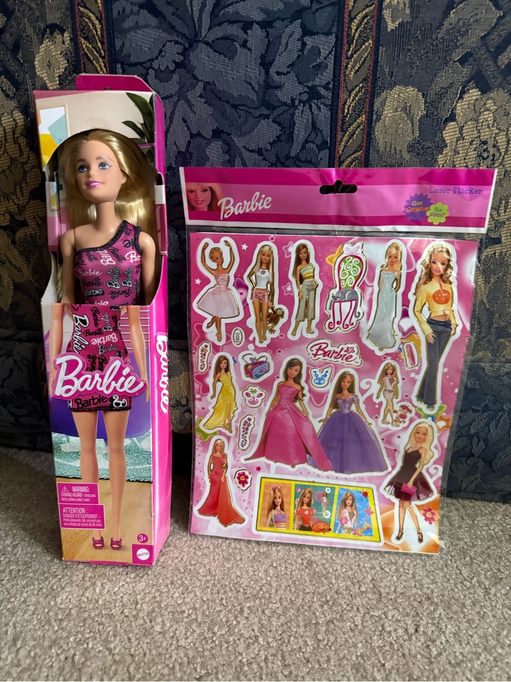 Barbie Doll with Pink and Black Dress + Pink Barbie Sticker Sheet